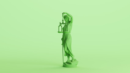 Lady justice judicial system classic statue woman green mint soft tones background quarter left view 3d illustration render digital rendering