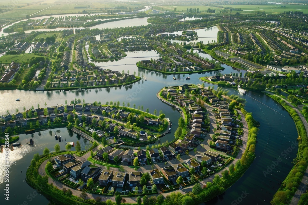 Poster a bird's eye view of a city with a river running through it. suitable for urban planning concepts