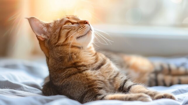 Tranquil portrayal of a cat in a softly illuminated bedroom, capturing serene grace