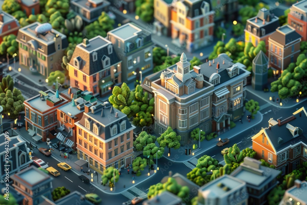 Poster aerial view of a city with buildings and trees. suitable for urban planning concepts