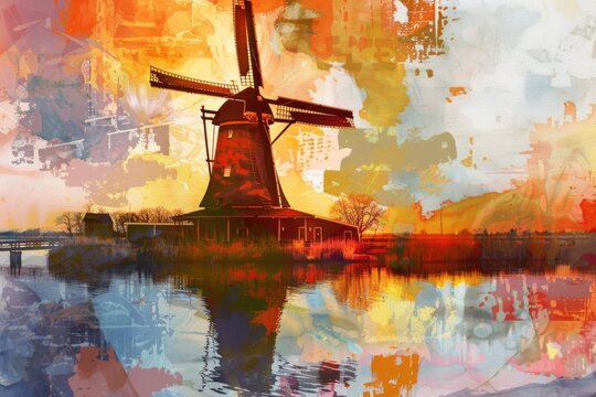 A painting of a windmill on a serene lake. Suitable for travel brochures