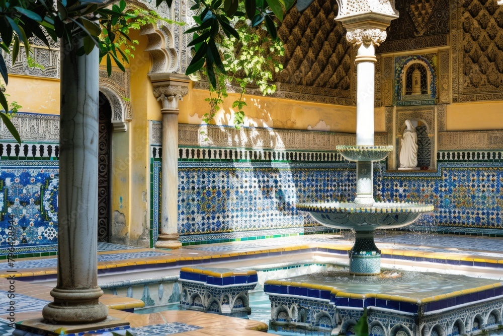 Poster a fountain in the middle of a tiled courtyard, suitable for architectural projects