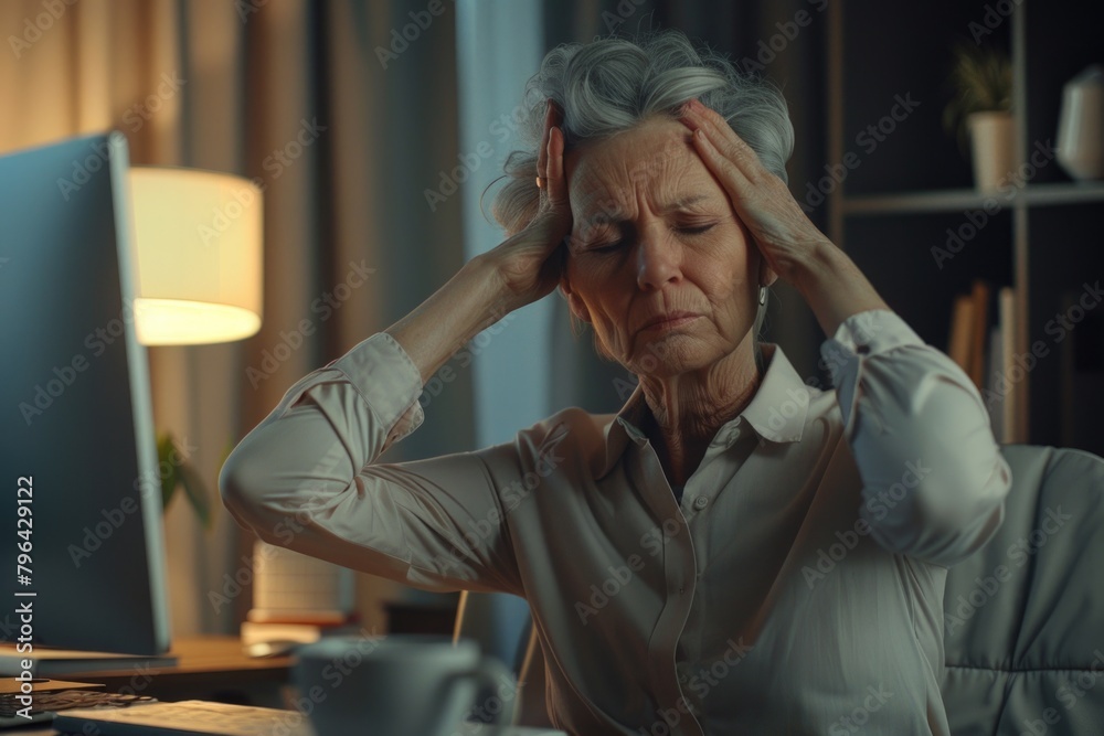 Poster a woman looking overwhelmed while working on a computer. suitable for illustrating stress at work