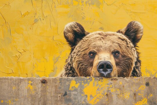 A curious brown bear peeking over a wooden fence. Suitable for nature and wildlife themes