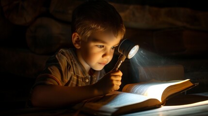 Fototapeta na wymiar A young boy shining a flashlight on a book, reading in the dark.