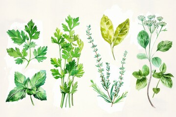 Assorted herbs displayed on a white background. Ideal for culinary and health-related projects