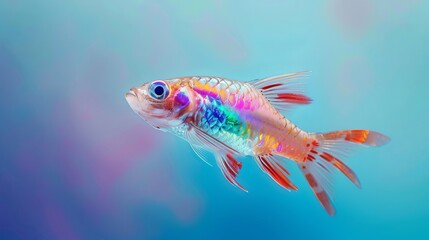 A vibrant fish captured in midswim against a soothing pastel blue backdrop, emphasizing fluidity and grace, no grunge, no dust, 4k