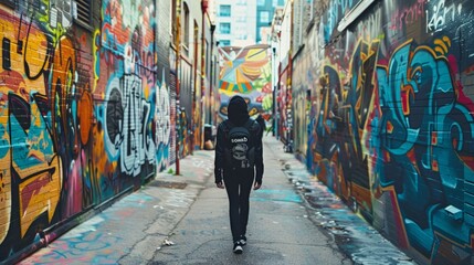 A person walks confidently down the alleyway back turned to the camera as they take in the various murals and designs decorating . .