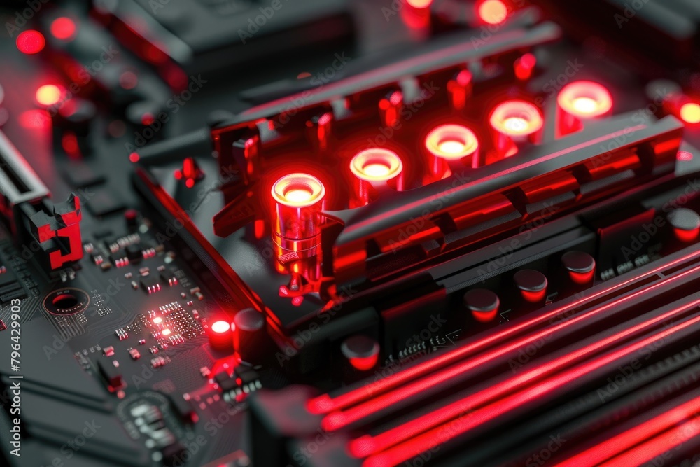 Fototapete close-up view of a computer motherboard with red led lights, perfect for technology concepts