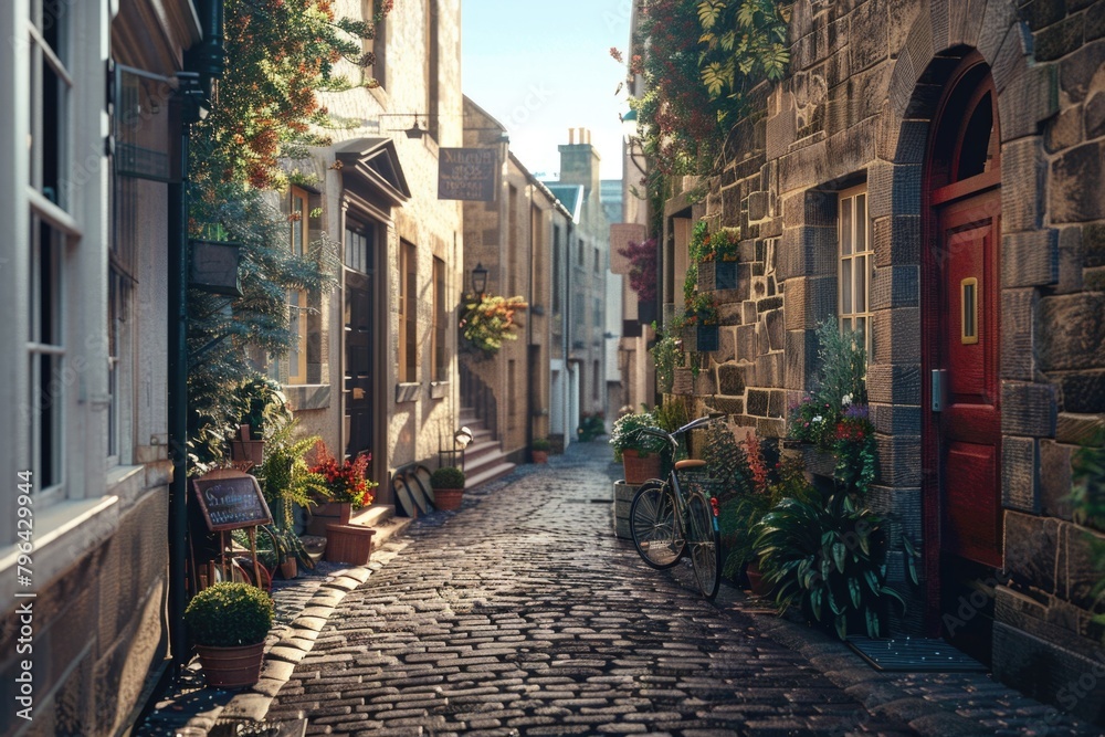 Poster an image of a narrow cobblestone street with a striking red door. perfect for architectural and urba