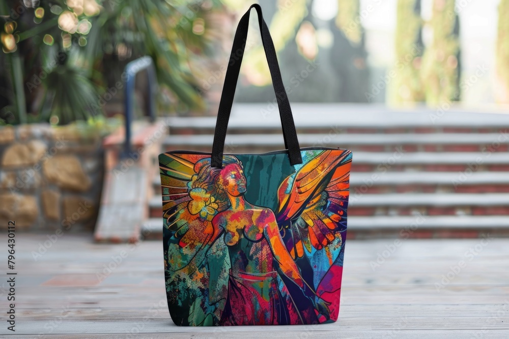 Poster Colorful tote bag placed on a rustic wooden floor. Perfect for lifestyle and fashion concepts