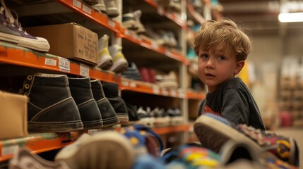 Fototapeta premium A young boy trying on oversized shoes at a donation center.