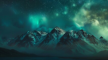 Nighttime landscape of a mountain range with a sky lit by neon aurora in a spectrum of surreal colors, no grunge, no dust, 4k - obrazy, fototapety, plakaty