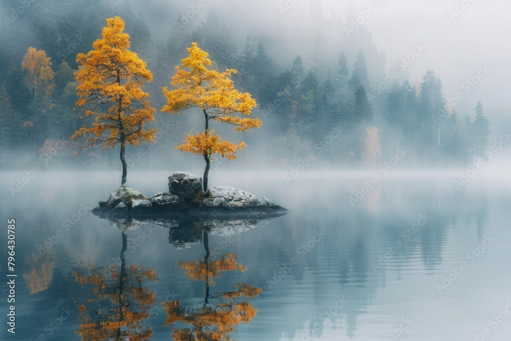 Poster Two trees growing on a rock in the middle of a serene lake. Ideal for nature and landscape concepts