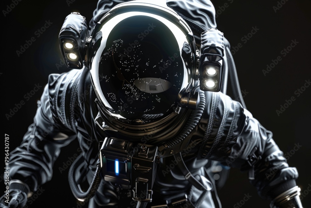 Poster a man in a space suit with a helmet on. suitable for science fiction themes