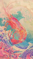 Whimsical drawing of a shrimp with exaggerated features, striking a heroic pose with a backdrop of pastel waves, no grunge, no dust, 4k