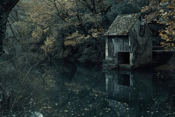 A small boathouse sitting in the middle of a lake. Perfect for travel and nature concepts