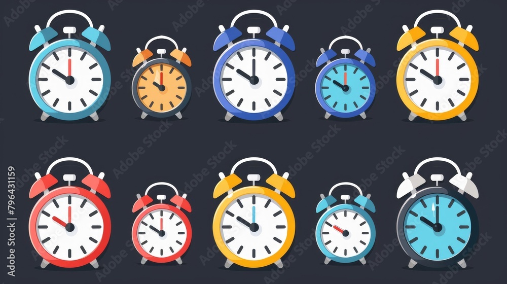 Poster nine different colored alarm clocks, perfect for time management concepts