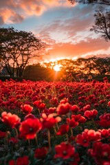 The ground is covered with red flowers, and the sky in front has a beautiful sunrise. 