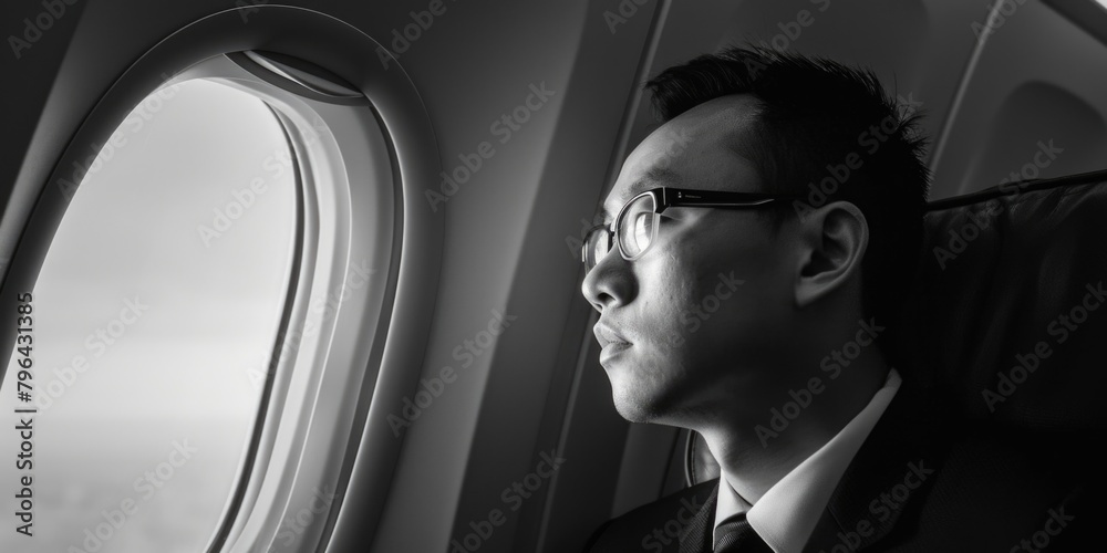 Poster man in a suit and tie looking out an airplane window. suitable for business and travel concepts