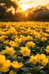 The ground is covered with yellow flowers, and the sky in front has a beautiful sunrise. 