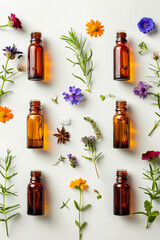 Essential oils and flowers on white background.
