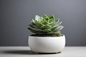 Beautiful succulent plant in pot on table against grey background, closeup