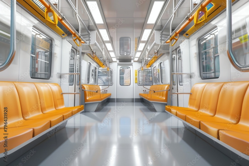 Poster an empty subway car with bright orange seats. suitable for transportation concepts