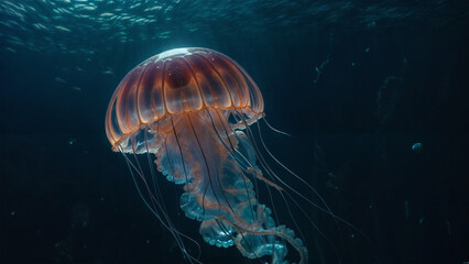 Naklejka premium A jellyfish swims in the deep blue ocean, illuminated by a beam of light from above