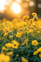 The ground is covered with yellow flowers, and the sky in front has a beautiful sunrise. 