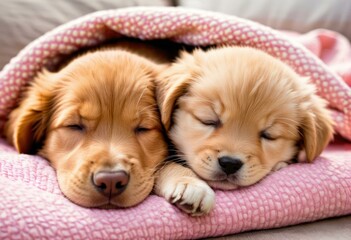 b'Two cute golden retriever puppies sleeping under a pink blanket'