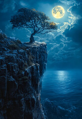 Tree on top of cliff with the moon in the background.