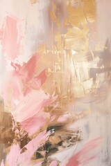 an abstract acrylic paint with rose gold and beige brushstrokes, golden foil, and a minimalist, contemporary style