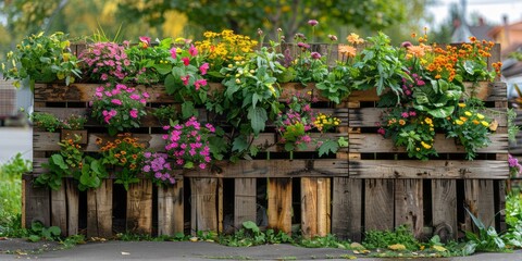 Fototapeta na wymiar Vertical gardening solution featuring pallet garden beds showcasing a vibrant array of colorful flowers, fragrant herbs, and crisp salad greens, maximizing space 