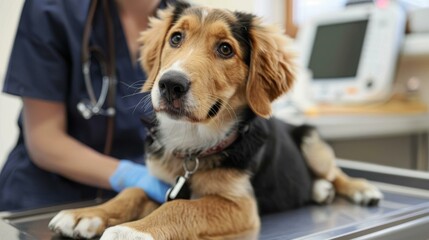 A veterinarian examines a puppy in a clinic