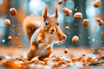 Squirrel is running through the leaves and nuts.