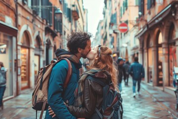 Couple of lovers kissing on city street - Two tourists enjoying romantic vacation together - Boyfriend and girlfriend dating outside - Love, tourism and life style concept