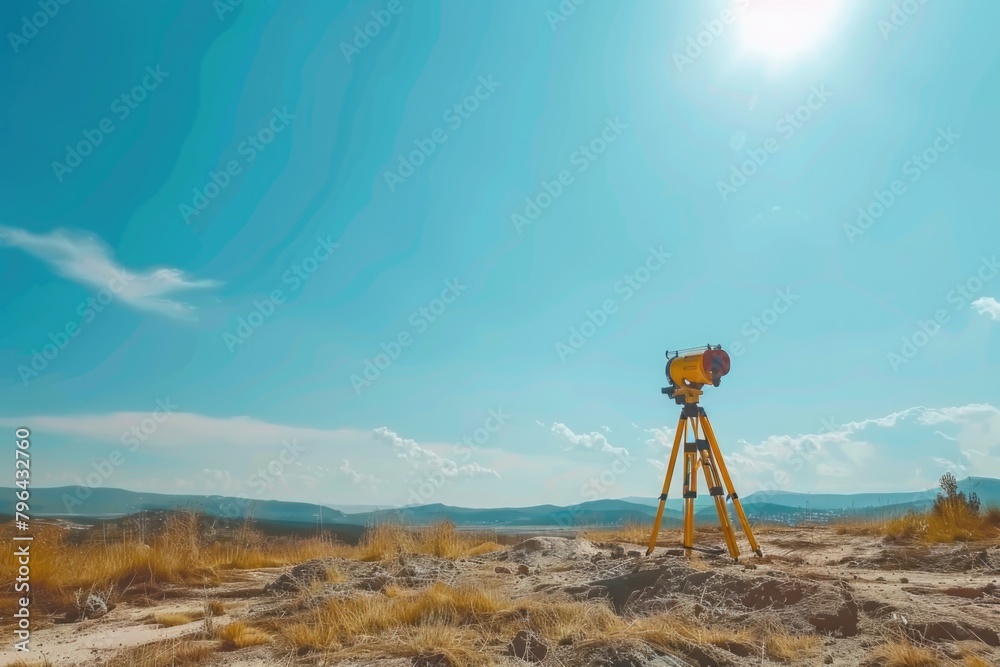 Poster a camera mounted on a tripod in a vast desert landscape. ideal for travel and technology concepts