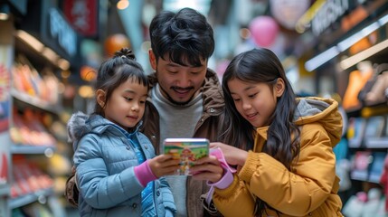 Obraz premium A family gathers around a smartphone, eagerly anticipating the arrival of their online shopping order, highlighting the convenience and accessibility of mobile shopping apps