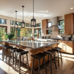 b'Modern kitchen with large island and wood cabinets'