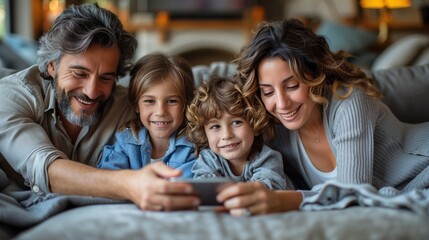 Fototapeta premium A family gathers around a smartphone, eagerly anticipating the arrival of their online shopping order, highlighting the convenience and accessibility of mobile shopping apps