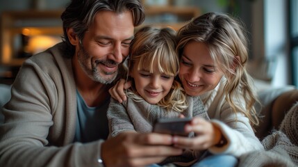 Fototapeta premium A family gathers around a smartphone, eagerly anticipating the arrival of their online shopping order, highlighting the convenience and accessibility of mobile shopping apps