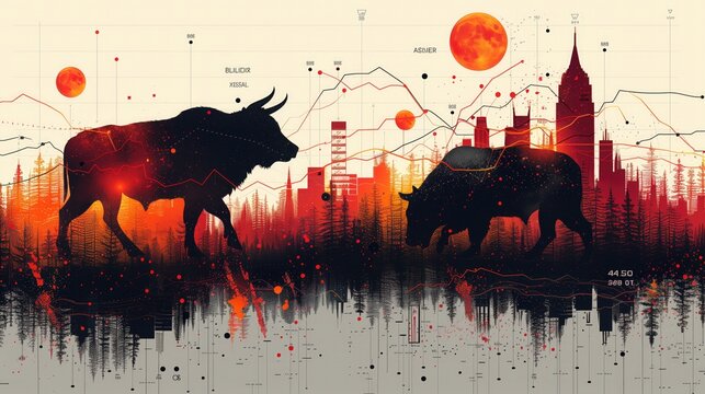 A dynamic infographic featuring a bull and bear symbolizes the fluctuating trends of the stock market
