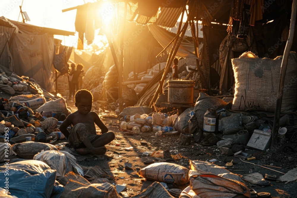 Poster A boy sitting on the ground in front of a pile of garbage. Suitable for environmental and pollution concepts