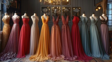 Elegant formal dresses for sale in luxury modern shop boutique. Prom gown, wedding, evening, bridesmaid dresses dress details - obrazy, fototapety, plakaty