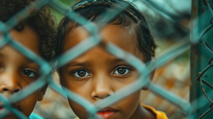 Children looking through a fence at a playground they can't afford to enter.