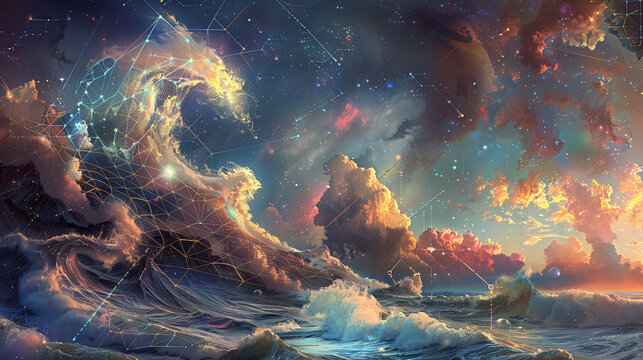 Cosmic waves crashing against crystalline geometry, painting the sky.