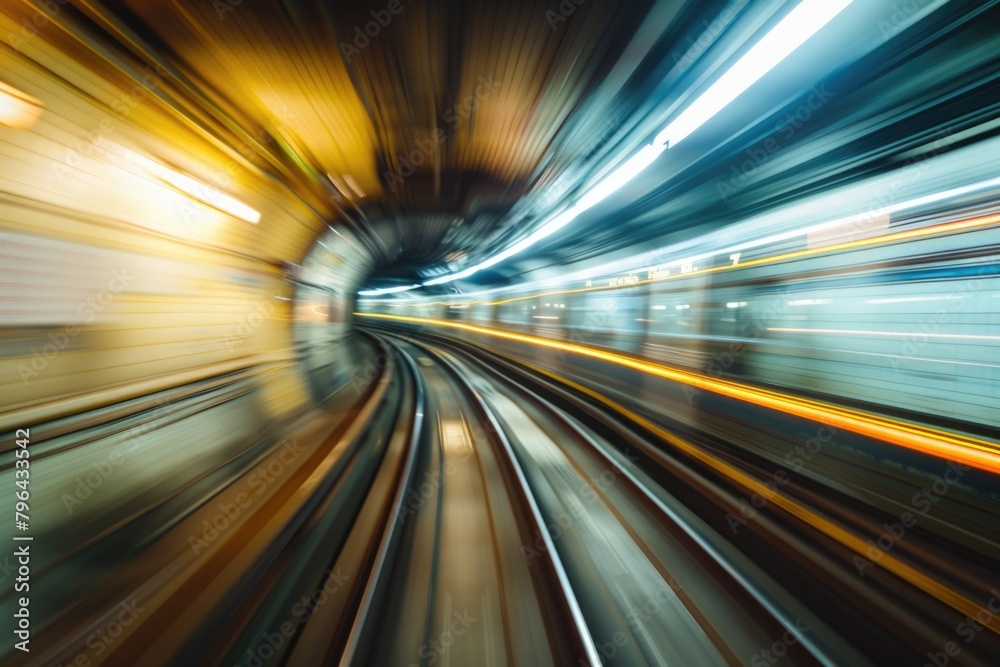 Poster Blurry image of a train going through a tunnel. Suitable for transportation concepts