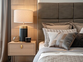 Bedroom interior, nightstand with lamp near bed. Close up shot of bed headboard with pillows and bedside table. Apartment in modern style