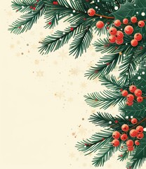 b'Christmas background with fir branches, holly berries and snowflakes'
